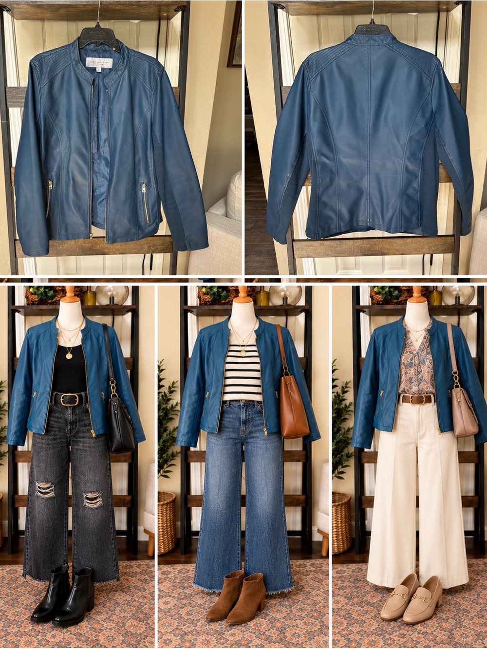 Marc New York by Andrew Marc Teal Blue Faux Leather Moto Jacket XL Gold Zip